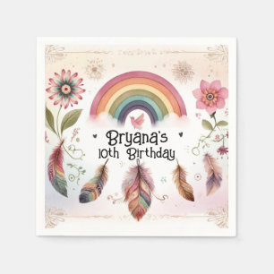 Watercolor Rainbow Bird & Feathers Boho Geburtstag Serviette