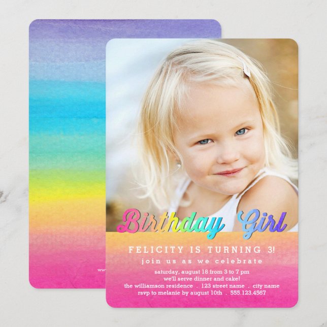 Watercolor Rainbow Birthday Party Einladung (Vorne/Hinten)