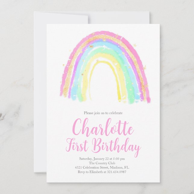 Watercolor Rainbow Birthday Party Einladung (Vorderseite)