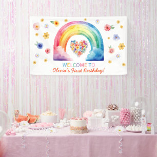 Watercolor Rainbow Erster Geburtstag Begrüßungsban Banner