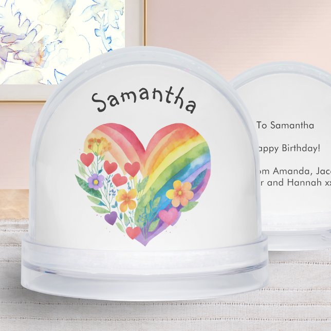Watercolor Rainbow Heart Personalized Birthday (A personalized snow globe with rainbow heart in a watercolor style, with custom message on the back)