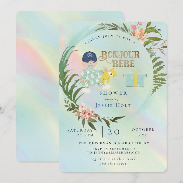 Watercolor Rainbow Holograph Bonjour Boy Baby Einladung (Vorne/Hinten)