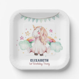 Watercolor Rainbow Unicorn Girl Birthday Party Pappteller