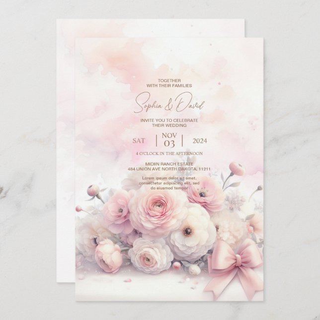 Watercolor Ranunculus Wedding Einladung (Vorne/Hinten)