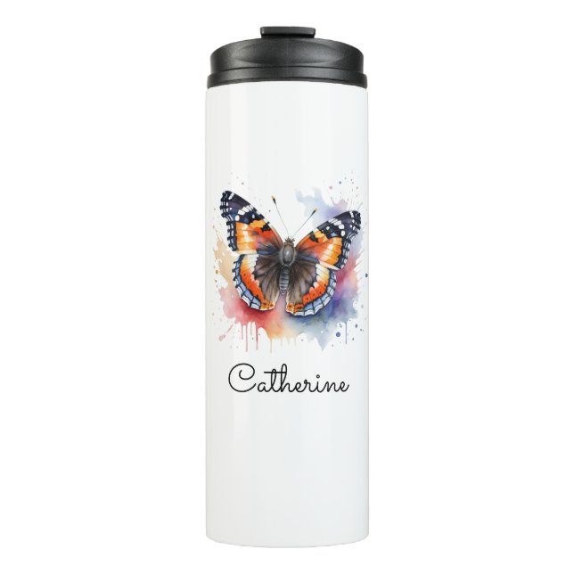 Watercolor Red Admiral Butterfly Personalized Thermosbecher (Vorderseite)