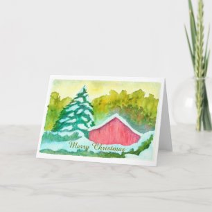 Watercolor Red Barn Winter Schnee Frohe Weihnachte Feiertagskarte