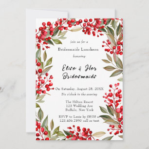 Watercolor Red Berry Wreath Bridesmaids Luncheon Einladung
