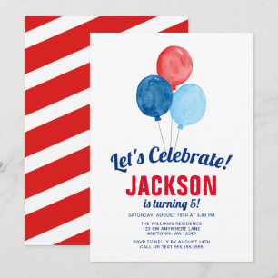 Watercolor Red Blue Balloons Boy Birthday Einladung
