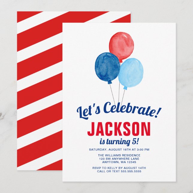 Watercolor Red Blue Balloons Boy Birthday Einladung (Vorne/Hinten)