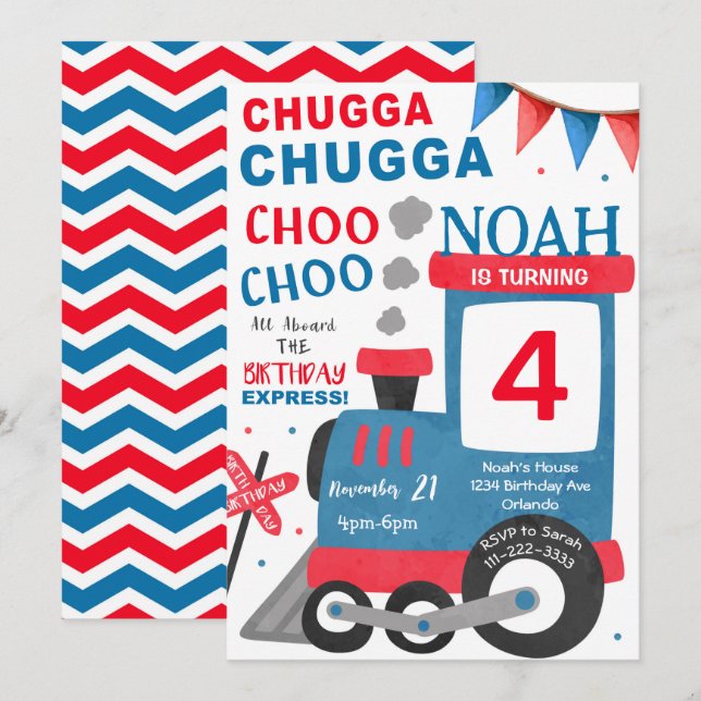 Watercolor Red Blue Train Invitation Anniversaire (Devant / Derrière)