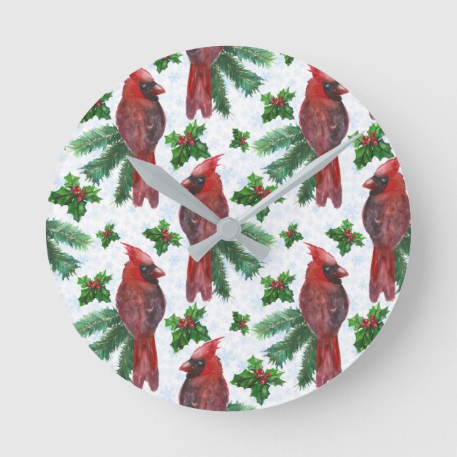 Watercolor Red Cardinal Bird Runde Wanduhr (Vorderseite)