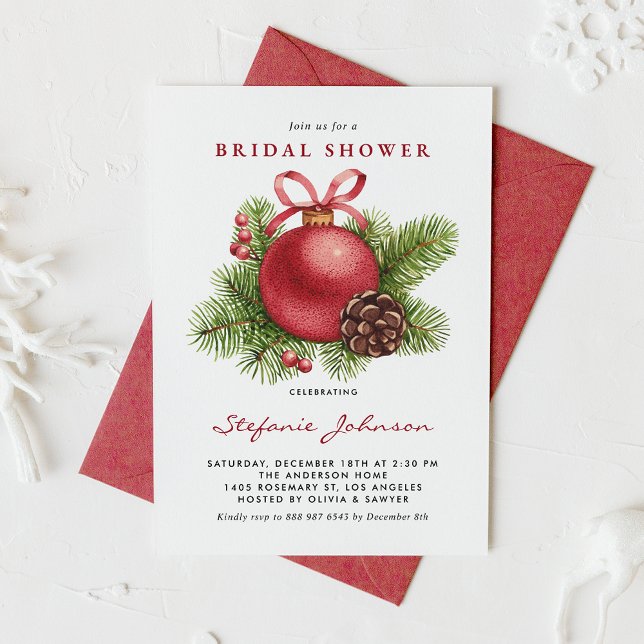 Watercolor Red Christmas Ornament Bridal Shower Einladung (Von Creator hochgeladen)