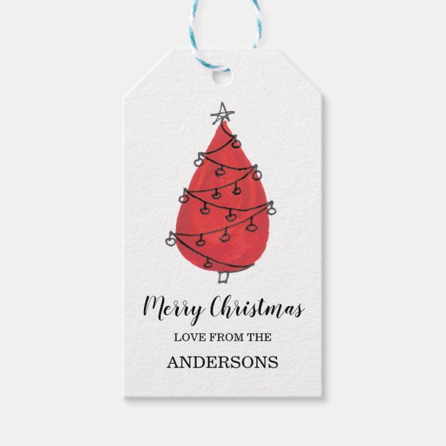 Watercolor Red Christmas Tree Geschenkanhänger (Vorderseite)
