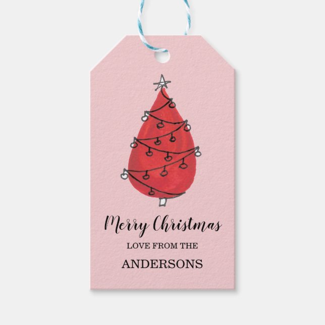 Watercolor Red Christmas Tree Geschenkanhänger (Vorderseite)