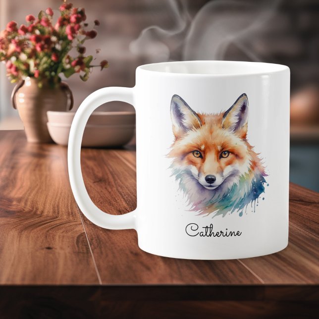 Watercolor Red Fox Wildlife Animal Personalized Kaffeetasse (A mug with red fox illustration in a watercolor style, personalized with a name in script typography)