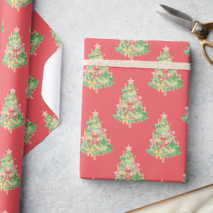 Watercolor Red & Green Coquette Weihnachtsbaum Geschenkpapier