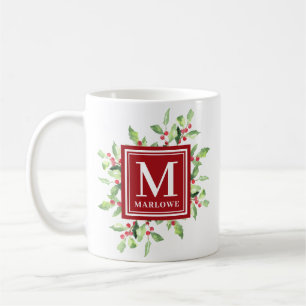 Watercolor Red Green Monogram Christmas Tasse