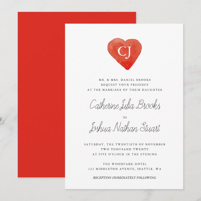 Watercolor Red Heart Wedding Einladung (Vorne/Hinten)