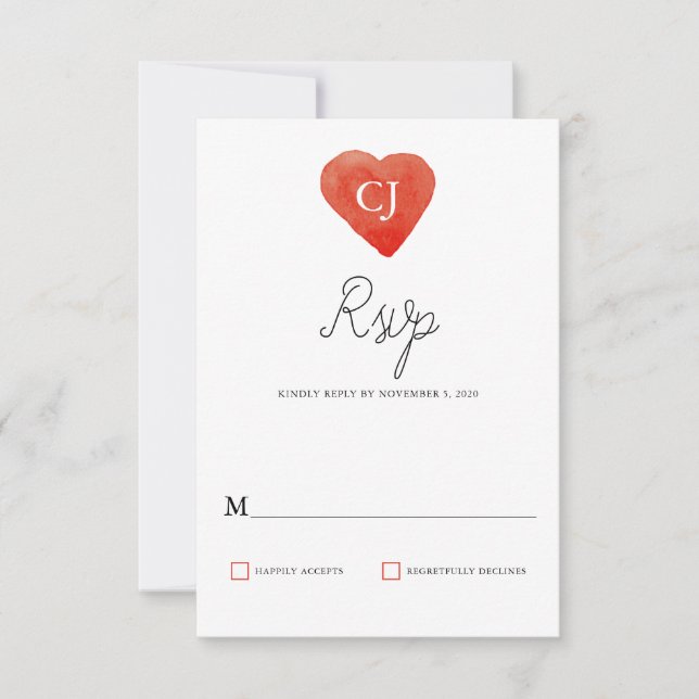 Watercolor Red Heart Wedding RSVP Card (Vorderseite)