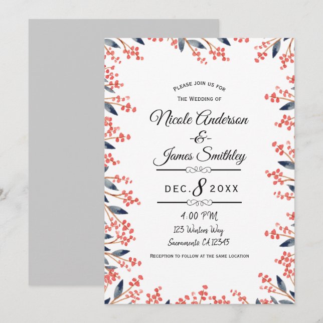 Watercolor Red Holiday Winter Berries Hochzeit Einladung (Vorne/Hinten)