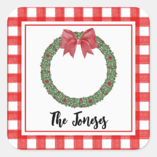 Watercolor Red Kariert Bow Christmas Wreath Gesche Quadratischer Aufkleber