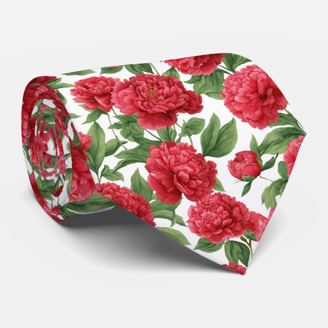Watercolor Red Peony Floral Pattern Krawatte (Gerollt)