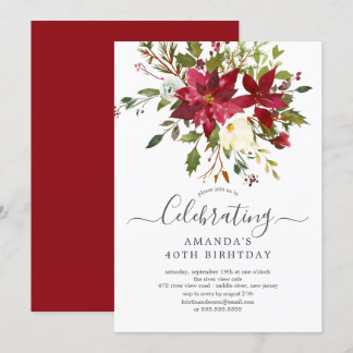 Watercolor Red Poinsettia Holly Birthday Party Einladung
