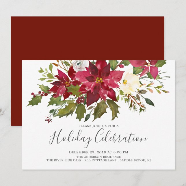 Watercolor Red Poinsettia Weihnachtsfeier Einladung (Vorne/Hinten)