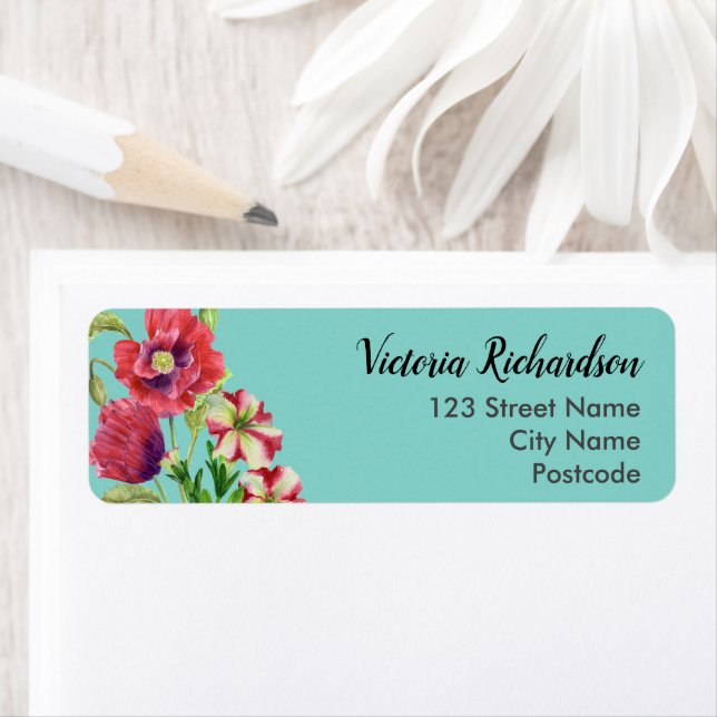 Watercolor Red Poppies Petunias Name Address Label (Insitu)