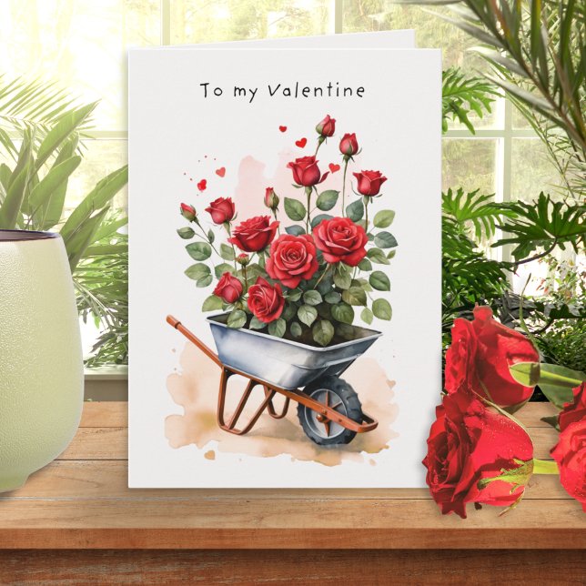 Watercolor Red Roses Rustic Floral Valentine's Day Karte (A beautiful Valentine's Day card with watercolor-style illustration of red roses in a wheelbarrow)