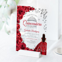 Watercolor Red Roses Silver Quinceanera