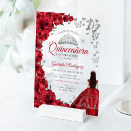 Watercolor Red Roses Silver Quinceanera Acryleinladungen