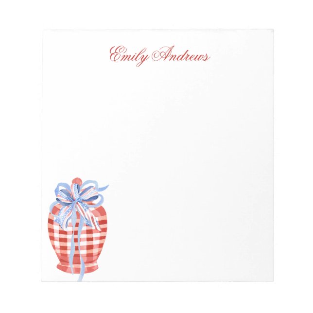 Watercolor Red & White Gingham Bow Ginger Jar Notizblock (Vorderseite)
