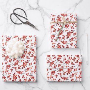 Watercolor Red Winterberry Holly Christmas Pattern Geschenkpapier Set