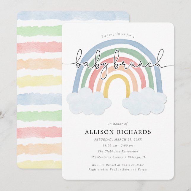 Watercolor Regenbogen Genneutraler Babybrunch Einladung (Vorne/Hinten)