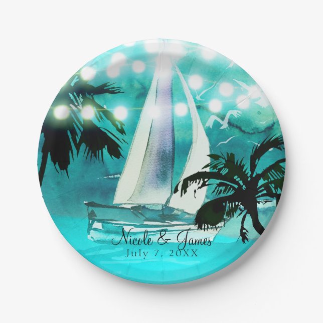 Watercolor Relief boat Palm Trees & String Lights Pappteller (Vorderseite)