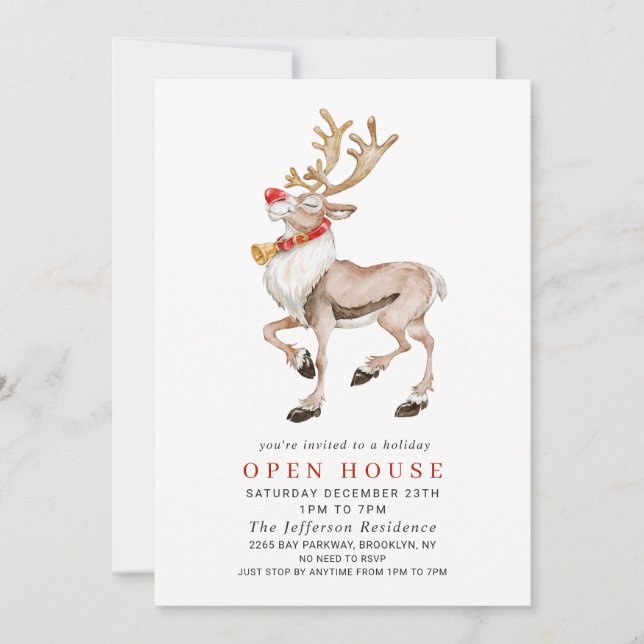Watercolor Rentier CHRISTMAS HOLIDAY OPEN HOUSE Einladung (Vorderseite)