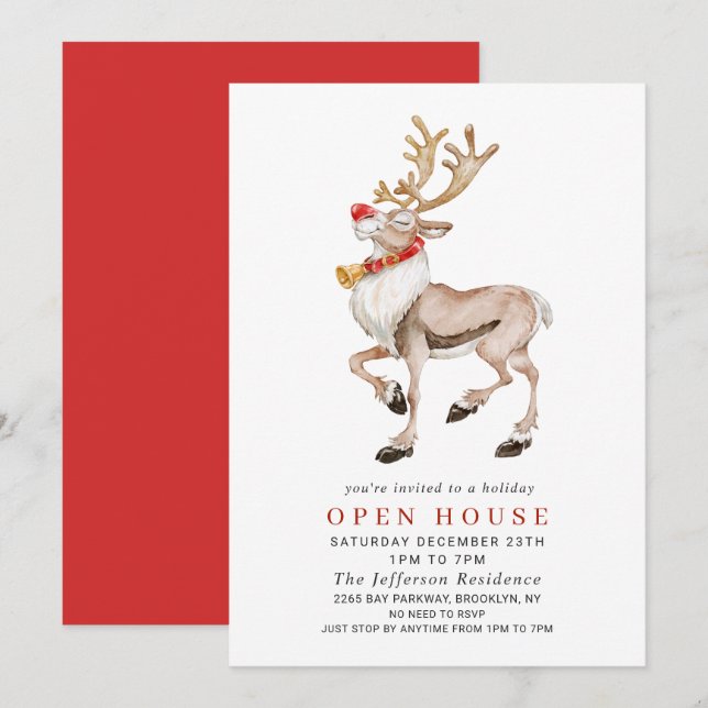 Watercolor Rentier CHRISTMAS HOLIDAY OPEN HOUSE Einladung (Vorne/Hinten)