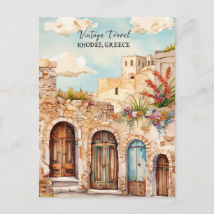 Watercolor Rhodes Greece Travel Poster Mediterra Feiertagspostkarte