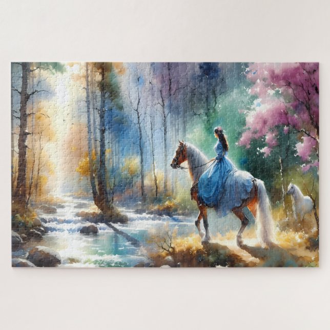 Watercolor River Horsewoman Forest Light (Horizontal)