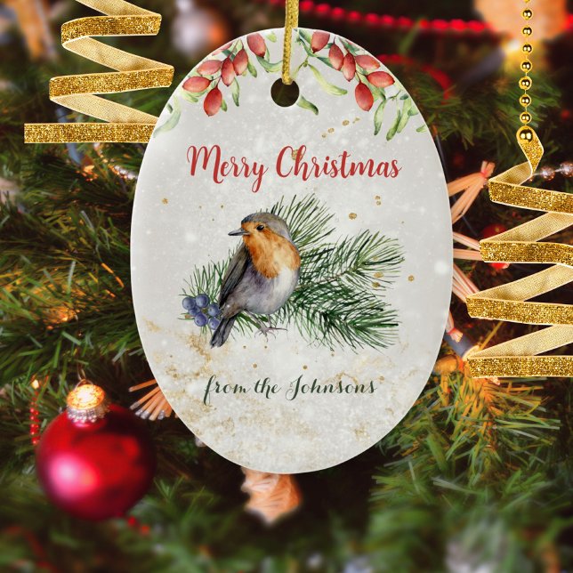 Watercolor Robin Bird Photo Christmas Keepsake Keramik Ornament (Watercolor Robin Bird Photo Christmas Keepsake Ceramic Ornament ©Susanne Sachers - Sunny Mind 🌞)
