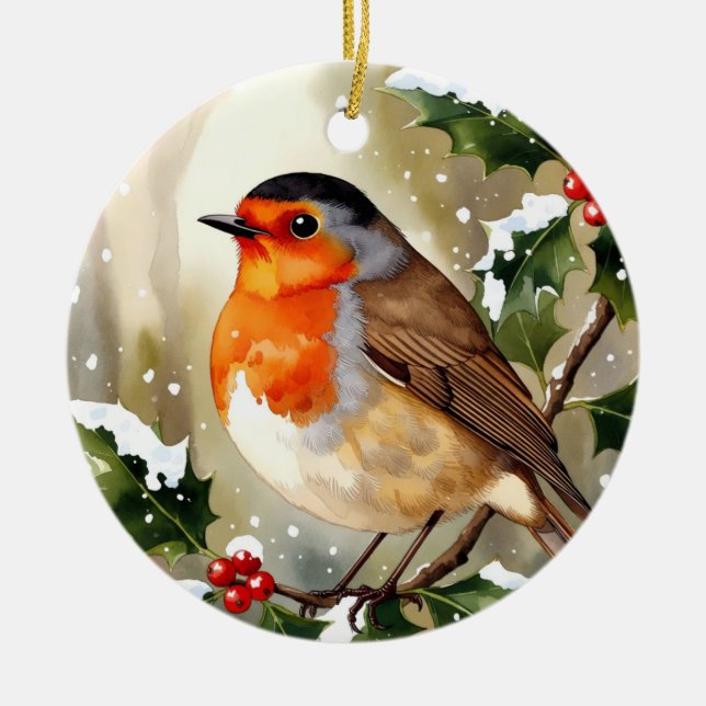 Watercolor Robin Christmas Keramik Ornament (Vorne)