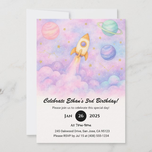 Watercolor Rocket & Dreamy Galaxy Birthday  Einladung (Vorderseite)
