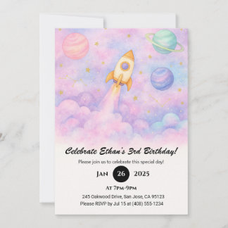 Watercolor Rocket & Dreamy Galaxy Birthday  Einladung