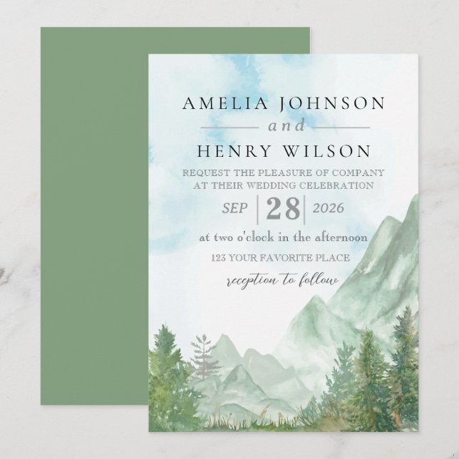 Watercolor Rocky Mountain - Einladung zur Hochzeit (Vorne/Hinten)