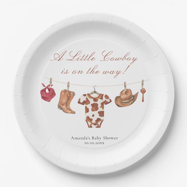 Watercolor Rodeo Western Cowboy Baby Shower Pappteller (Vorderseite)