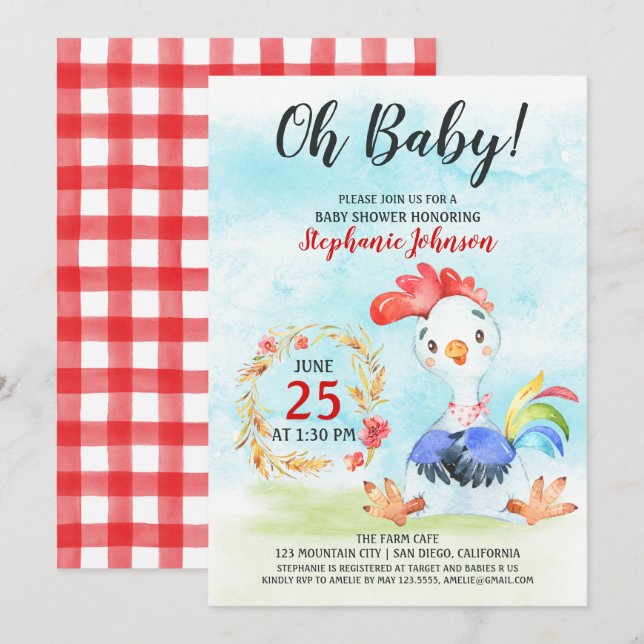 Watercolor Rooster Baby Dusche Farm Einladung (Vorne/Hinten)