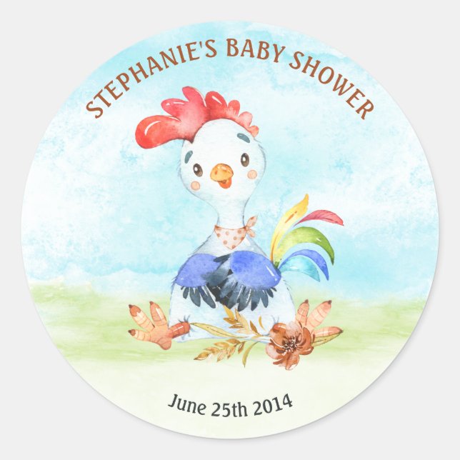Watercolor Rooster Baby Showfarm Runder Aufkleber (Vorderseite)