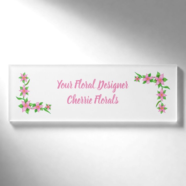 Watercolor-rosa Blumen-Grenzblumennamensumbauten Namenschild (Vorderseite)