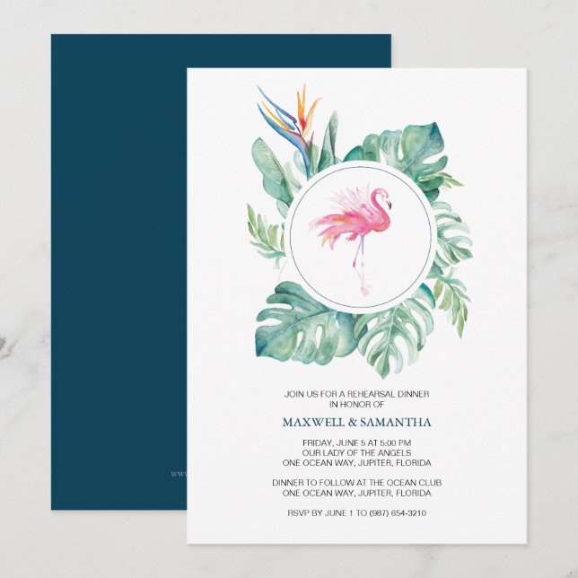 Watercolor-rosa Flamingo-Proben-Abendessen Einladung (Vorne/Hinten)